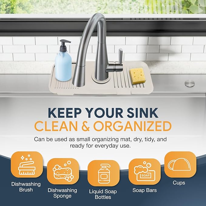 14.6” Silicone Faucet Mat For Kitchen Sink, Kitchen Sink Splash Guard Behind Faucet, Kitchen Faucet Mat For Kitchen Sink, Kitchen Sink Faucet Mat Splash Guard and Sink Water Splash Guard (Beige)