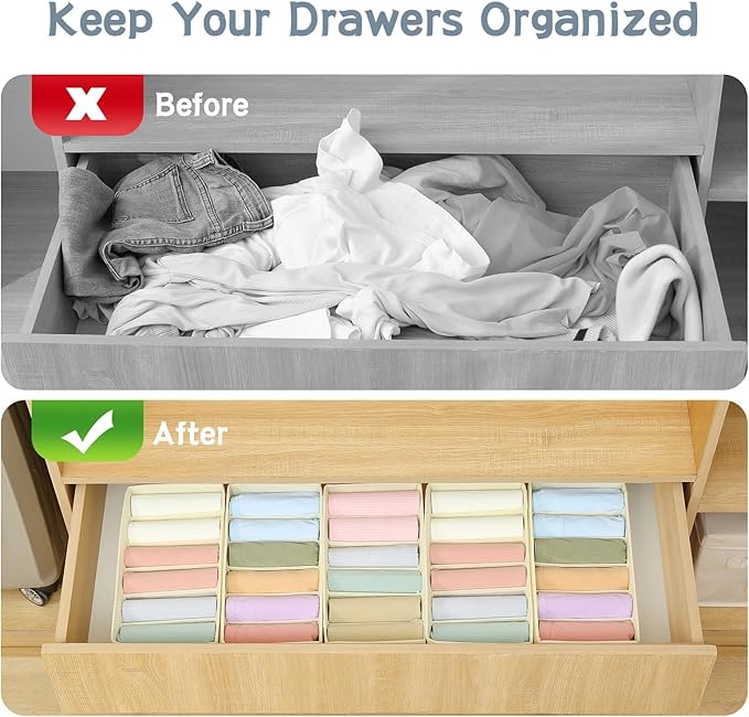 Qozary 3 Pack Sock Underwear Drawer Organizer Dividers, Non-Woven Fabric Collapsible Cabinet Closet Storage Boxes for Clothes, Socks, Lingerie, Underwear, Tie, Belt, Baby, Bedroom (Beige, 6 Cells)