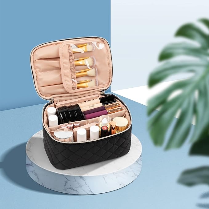 OCHEAL Portable Cosmetic Bag For Women, Large Capacity Travel Makeup Case Organizer, Rhombus Black, Toiletry Bag for Girls Traveling With Handle and Divider