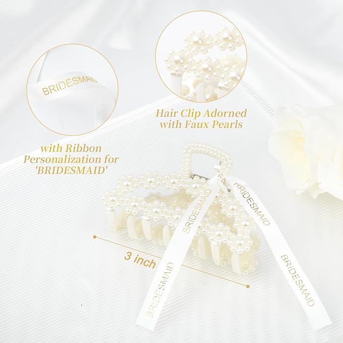 DEEKA Bridesmaid Proposal Gifts 8 Pack Pearl Bridesmaid Hair Claw Clips with Ribbon 3 Inch Hair Clips Bachelorette Party Favors Bridal Party Present Hair Accessories (Half Circle)