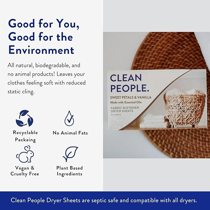 The Clean People Fabric Softener Sheets - Dryer Sheets - Softens & Removes Static Cling - Vegan Laundry Softener, Essential Oils - Sweet Petals & Vanilla 240 Pack
