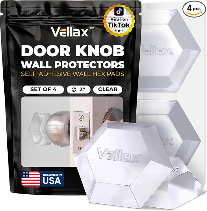 Large 2" Door Knob Wall Protectors – 4 Clear Self-Adhesive Silicone Bumper Pads in Modern Hex Shape – Noise Dampening Wall & Furniture Guards by VELLAX