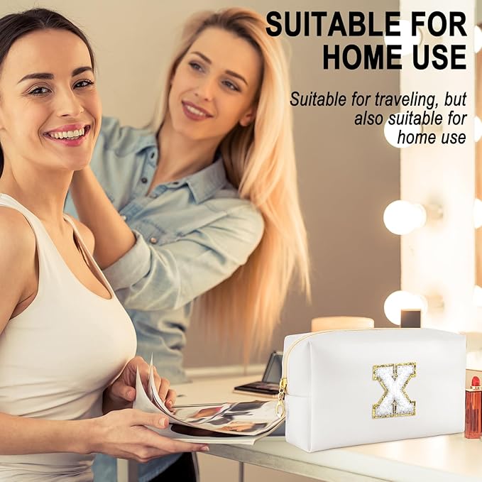 Gifts for Girls Initial Makeup Bag Personalized Cosmetic Bag with Zipper Cute Travel Toiletry Bags Waterproof PU Preppy Makeup Pouch Birthday Gift for Teen Girls Women(White X)