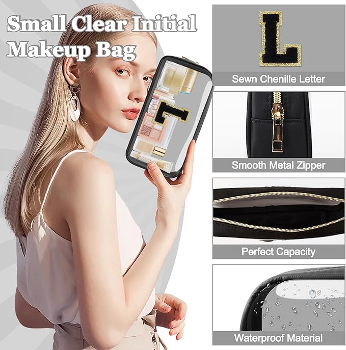 Small Clear Personalized Initial Makeup Bag,Nylon Preppy A-Z Chenille Letter Patch Cosmetic Pouch Beach Toiletry Bag,Waterproof Zipper Travel Purse Storage Bag Organizer for Women Girls(Black-Black L)
