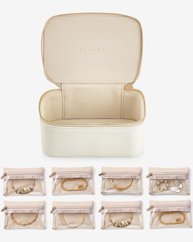 Vlando Gifts for Her,Travel Jewelry Case with 8 Velvet Jewelry Bags Jewelry Travel Organizer Box for Girls Jewelry Box for Rings Earrings Brides Gifts Birthday Gifts for Women Teen(White)