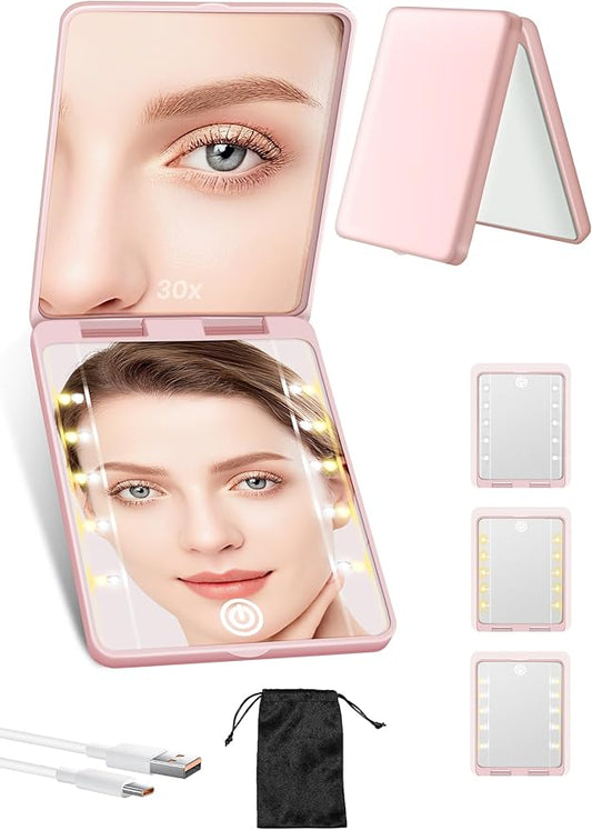 Compact Mirror, Rechargeable 30X Magnifying Mirror with 3 Lighting Modes & Dimmable Brightness, Portable Travel Makeup Mirror with Light, Essentials for Travel, Pocket, Purse, Gifts for Women Pink