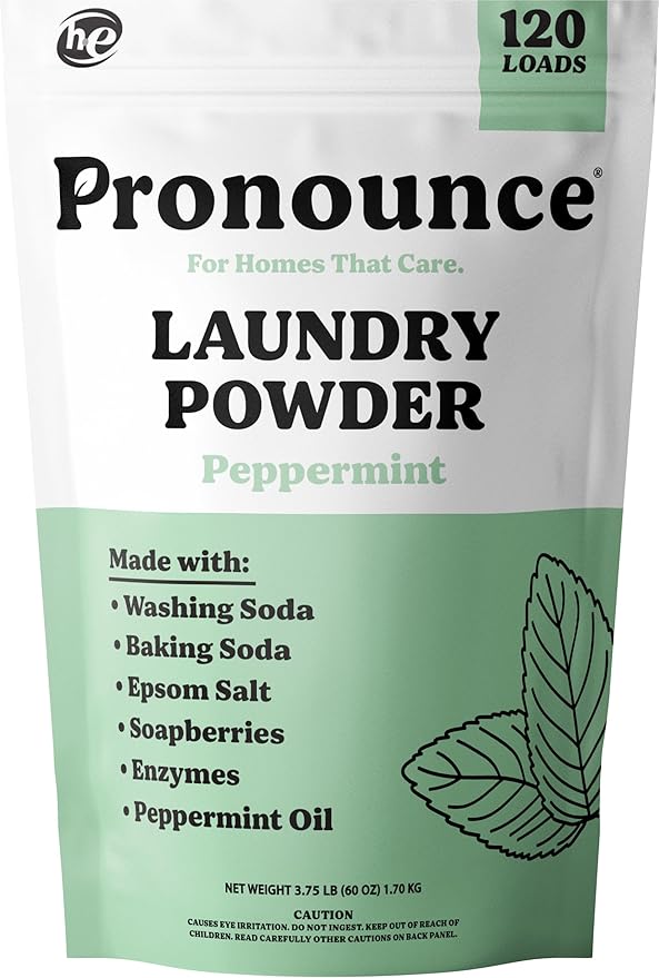 Pronounce Laundry Detergent Powder Alternative | Cleaner Ingredients. Safer for Sensitive Skin. Stain + Smell Fighting. With Essential Oils. HE Safe (Peppermint, 120 Loads)