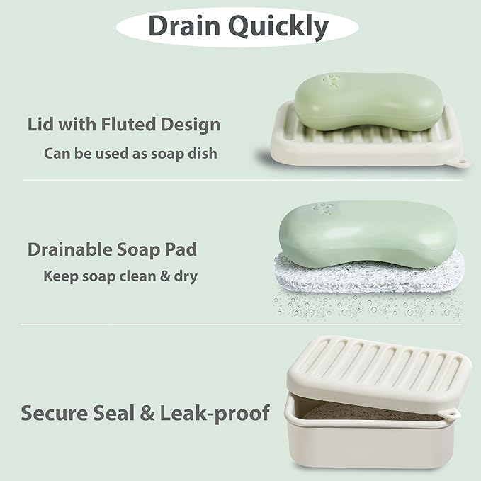 Portable Leakproof Travel Soap Case, Silicone Travel Soap Case, Compact Soap Holder with Drainage Layer, Travel Soap Holder for Camping, Gym, Outdoor (Rice White)