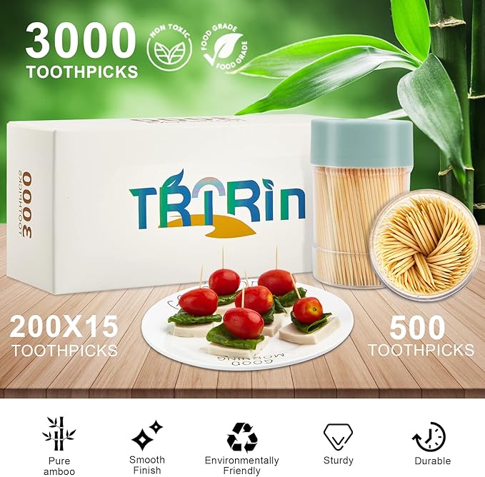 Bamboo Toothpicks [3000 Count] - With Reusable Toothpick Holder, Sturdy Smooth Finish Tooth Picks, for Party, Appetizer, Olive, Barbecue, Fruit and Teeth Cleaning, Green.