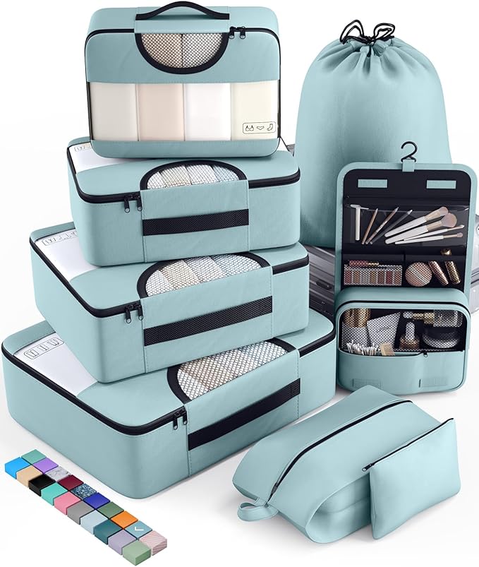 Veken 8 Set Packing Cubes for Travel Essentials, Suitcase Organizer Bags in 4 Sizes, Carry-On Luggage Accessories with Large Laundry & Hanging Toiletry Bag, Must-Have for Airplane, Road Trip & Camping