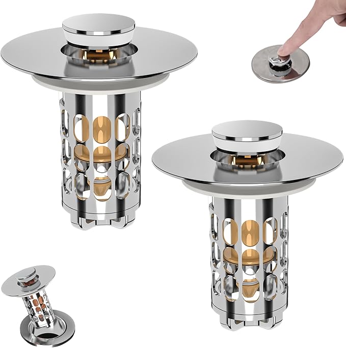 Pop up Bathroom Sink Drain Strainer,Universal Sink Stopper Bathroom Drain with Filter Basket,Bathroom Sink Stopper Hair Catcher for 1.06"~1.61" Drain Hole 2 PCS(Silver Chrome)