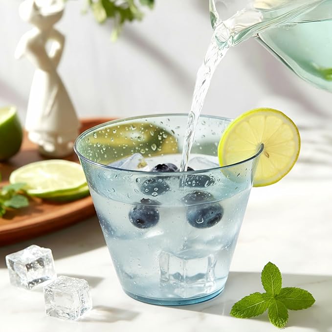 9 oz Clear Plastic Cups Blue Plastic Disposable Cups for Cocktail 150 Pack Fancy Cocktail Cup for Party Stemless Wine Glasses for Party Wedding Graduation Birthday