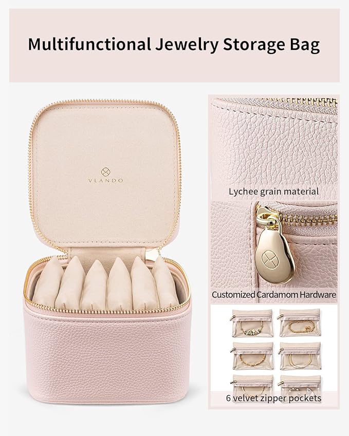 Vlando Travel Jewelry Case, Jewelry Organizer with 6 Zipper Velvet Jewelry Bags for Women and Girls, Wedding Birthday Gift Ideas for Women, Earrings Rings Storage Gift Box Packaging, Pink