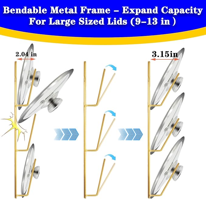 2 Pack Pot Lid Organizer Rack, 6 Tier Hanging Pot Lids Holder Inside Cabinet Door, No Drilling Adhesive Wall Mounted Pan Lid Organizer, Kitchen Cooking Lid Storage Rack for Cupboard (Gold)