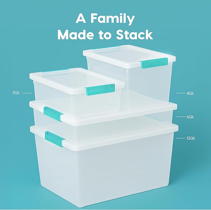 IRIS USA 6 Qt. Craft Storage Bins with Lids, 3-Pack, Made in USA, Clip Box, Small Plastic Sensory Bin Tote Organizer Containers for Art Supplies, Paper, & Office, Stackable - Clear/Seafoam Blue