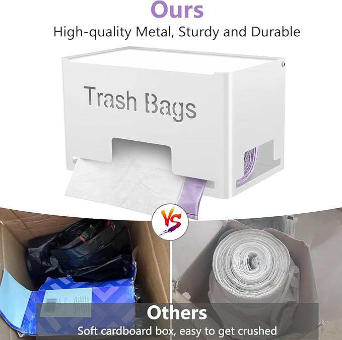 Extra Large Trash Bag Holder Dispenser, Metal Garbage Bag Dispenser Roll Holder, Trash Storage Organizer for Kitchen Laundry Room Under Sink, Wall Mounted or Freestanding, White