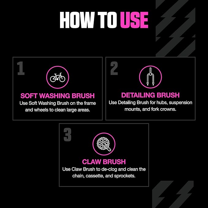 Muc-Off 220 3 Piece Premium Brush Kit - Includes 3 Bike Cleaning Brushes With Durable Nylon Bristles And Ergonomic Rubberised Handles To Minimise Impact