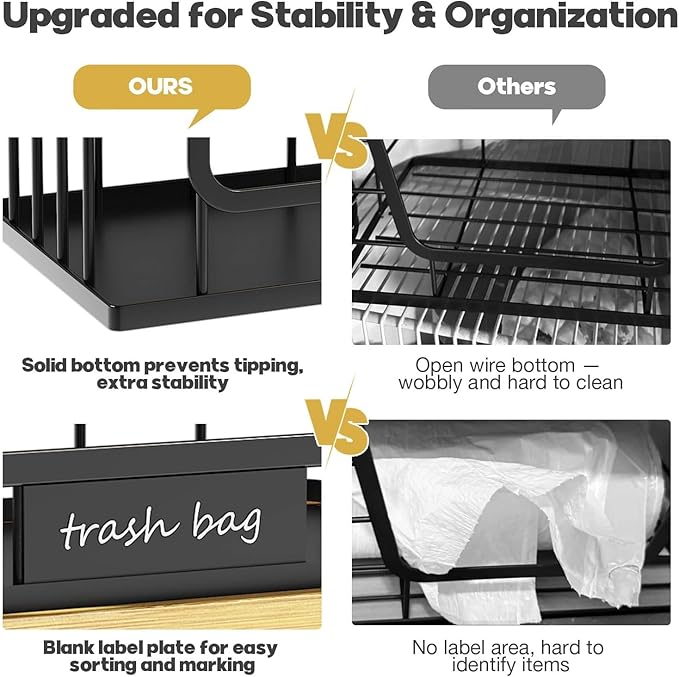 1 Pack Trash Bag Holder, Stackable Garbage Bag Dispenser Under Sink with Bamboo Top & Metal Base for Kitchen Countertop Organization and Storage, Laundry, Pantry Organizer (Black, 11.2" × 6.7" × 7.1")