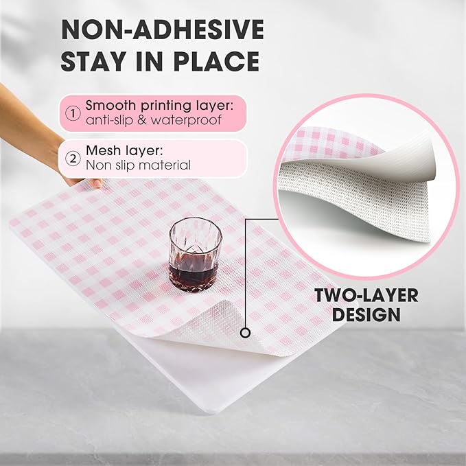 Drawer and Shelf Liner, Non-Slip Kitchen Cabinet Liners Non-Adhesive Thick Strong Grip Waterproof Washable Mats Protect Dresser Shelves Cupboard Bathroom Cabinets, Pink Plaid, 12 in X 10 FT
