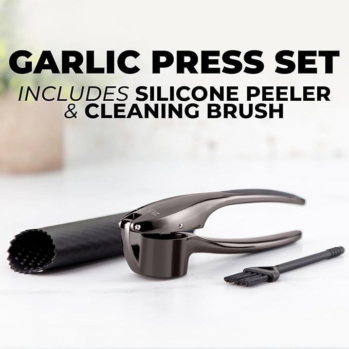 Zulay Kitchen Large Premium Garlic Press Set – Rust Proof & Dishwasher Safe, Bigger Bowl Garlic Mincer Tool with Silicone Garlic Peeler & Brush, Easy Squeeze & Clean, Ergonomic Handle - Dark Gray