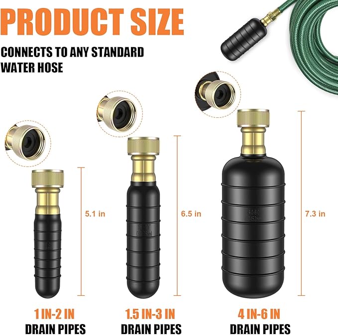 3 Pcs Drain Bladder Kit, Drain Cleaning Bladder Fits 1" to 6" Pipes, with 10 ft Retractable Hose, Shut-Off Valve & Brass Faucet Adapter Fits Most Faucets– For Sinks, Showers, Pools & Drains (Black)