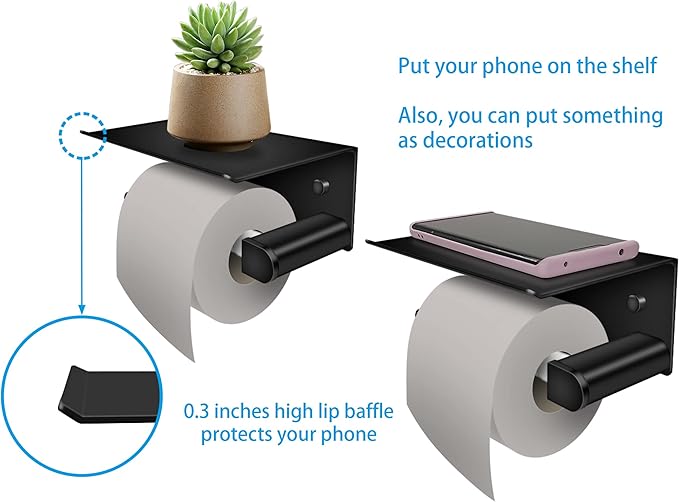 D&Joy Bathroom Toilet Paper Holder, Matte Black Adhesive or Screw Wall Mounted Tissue Holder with Shelf, Aluminum Toilet Roll Holder with Spring Loaded Roller for Bathroom Kitchen