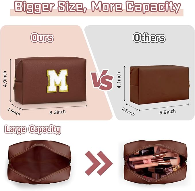 TOPEAST Preppy Patch Makeup Bag, Chenille Letter Pouch Cosmetic Bag, PU Leather Waterproof Toiletry Bag, Personalized Birthday Gift for Women Girl, Cute Stuff for Girls (Brown B)