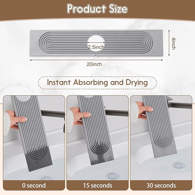 Faucet Mat for Kitchen Sink, Diatomite Quick Drying Tray, 20 Inch Kitchen Sink Splash Guard and Bathroom Stone Tray for Counter. Super Absorbent. Light Gray.