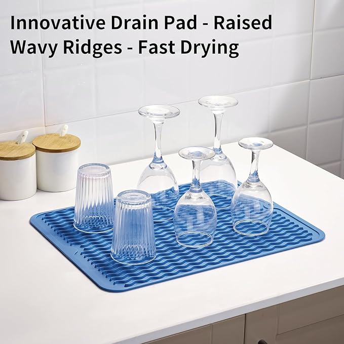 ZLR Silicone Dish Drying Mat for Kitchen Counter, Eco-Friendly Fast Dry Dish Mat, Easy Clean Multi Usage Drying Matt, Heat Resistant Trivet, 12" x 16" Large, Lichen Blue