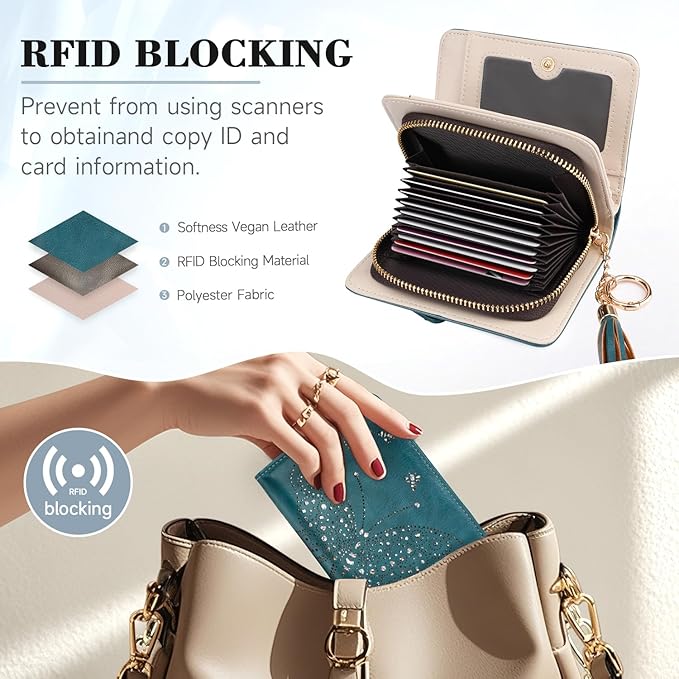 Women RFID Blocking Small Bifold Wallet, Compact Cash Clutch with Zipper Coin Pocket, Glittery Butterfly Design, Credit Card Holder, Travel Purse with Tassel PEACOCK-BLUE