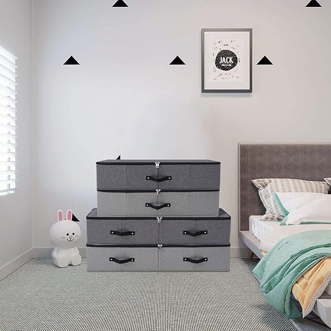 Omygarden 2PCS Foldable Under Bed Storage Box with Plastic Support Liner, Handles, Zipper lid, Blankets Clothes Comforters Storage Bin Organizer for Bedroom and Closet, 29×15×7inch, Black Grey