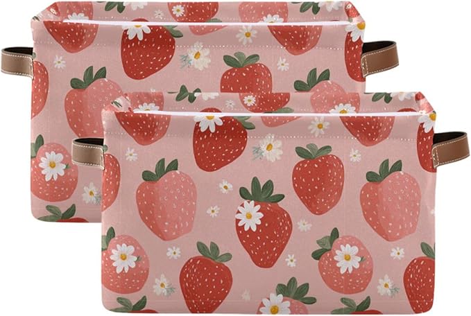 Aslsiy Storage Basket - Fresh Strawberry Pink Nursery Bins Baby Box Canvas Clothes Shelf Laundry Hamper Gift Basket for Home Closet - 1 Pcs