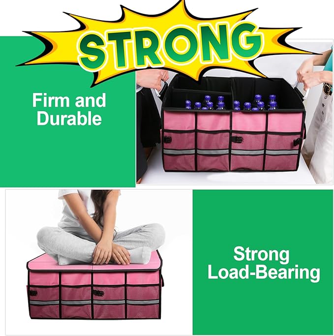 LI LIBZAKI Car Trunk Organizer, Cargo Organizer SUV Trunk Storage Non Slip Bottom Waterproof Collapsible Durable Multi Compartments-(Standard,Pink)