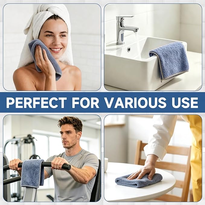TEAWOO Coral Velvet Navy Blue Washcloths 12 Pack, Highly Absorbent and Soft Navy Blue Face Towels, Multi-Purpose Washcloths and Hand Towels for Bathroom, Hotel, Spa and Gym, 12 x 12 inches