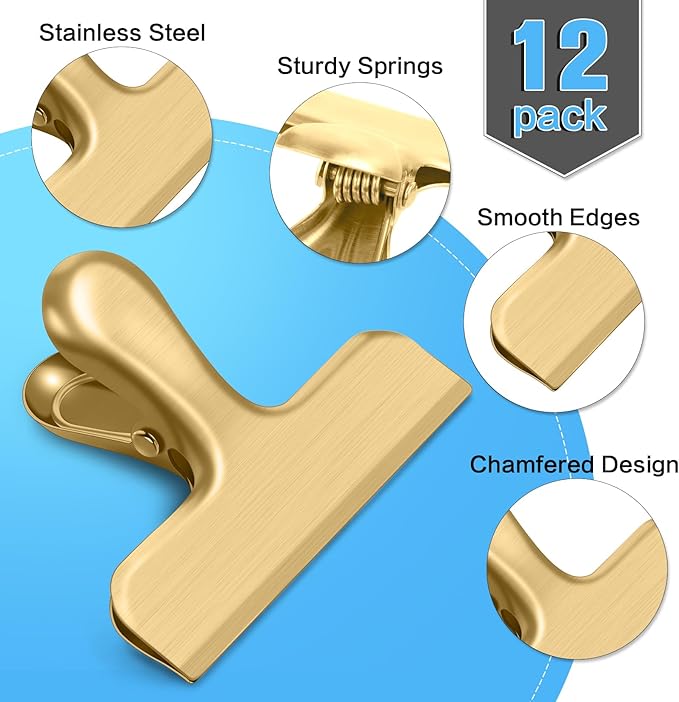 12 Pack Chip Clips, Stainless Steel Chip Bag Clips, Food Clip, Heavy Duty Bag Clip for Food Storage, Perfect for Kitchen Office Usage (Gold)
