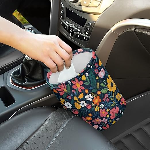 Panskyllis Colorful Flowers Car Garbage Trash Can Collapsible Trash Rubbish Bin Basket Bag Portable Cup Holder Organizer with Strap Universal Storage Bag Box for Front Seat, Back Seat, Headrest