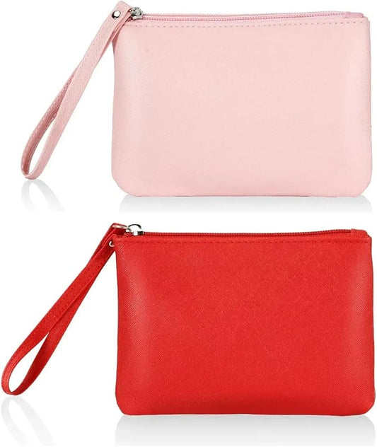 2 Pack Small Zipper Pouch Mini Makeup Bag for Purse Lipstick Cosmetic Travel Make Up Organizer for Women Essentials, Car Change Coin Holder 4.5 x 6.5 Clutch Stadium Approved Wristlet, Pink Red