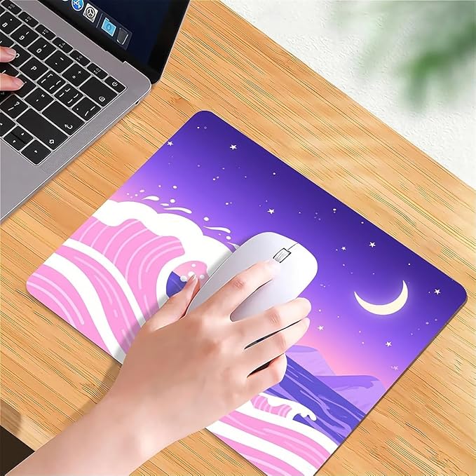Square Mouse Pad Pink and Purple Waves, Personalized Premium-Textured Custom Mouse Mat Design, Washable Mousepad Cloth, Non-Slip Rubber Base Computer Mouse Pads Moon for Wireless Mouse