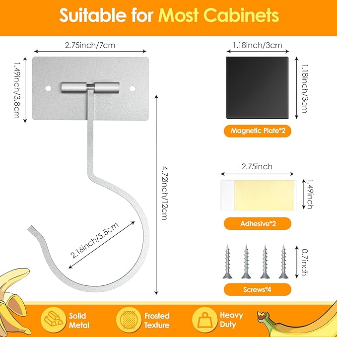 2PCS Self Adhesive Banana Hook Under Cabinet Foldable Banana Hanger Metal Under Counter Banana Hook to Keep Bananas Fresh Banana Holder for Kitchen RV Space Saving, Silver