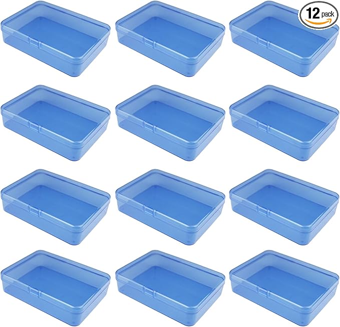 LJY 12 Pieces Rectangular Empty Mini Clear Plastic Organizer Storage Box Containers with Hinged Lids (4.5 x 3.3 x 1.1 inch, Blue)