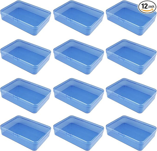 LJY 12 Pieces Rectangular Empty Mini Clear Plastic Organizer Storage Box Containers with Hinged Lids (4.5 x 3.3 x 1.1 inch, Blue)