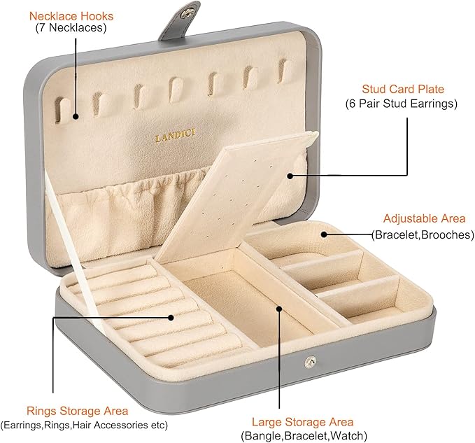 LANDICI Small Jewelry Box for Women Girls, PU Leather Travel Jewelry Case, Portable Jewelry Organizer Storage Holder Display for Ring Earrings Necklace Bracelet Bangle Men Kids Gift, Grey