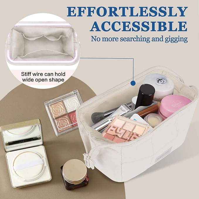 Makeup Bag Travel Toiletry Bag - Cute Make Up Bag, Waterproof Cosmetic Bag with Multiple Compartments, Wide-open Makeup Pouch for Cosmetics, Toiletries, and Travel Essentials, Beige