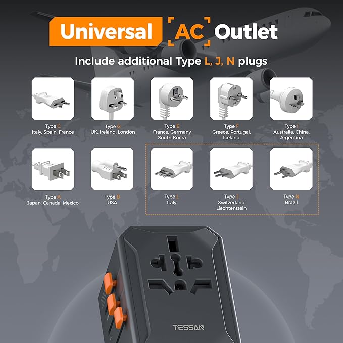 TESSAN Universal Travel Adapter, GaN 65W International Power Adapter with 5 USB Ports (3 USB C), Worldwide Plug Adapter for US to Europe UK France Germany Spain Australia (Type C G A I), Black