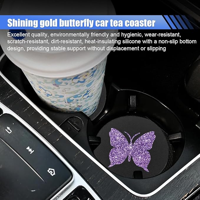 2PCS Bling Butterfly Car Coasters, 2.75'' Anti Slip Insert Cup Holder Coaster, Rhinestone Vehicle Cup Holder Decoration Pad, Universal Auto Interior Drink Water Bottle Mat Accessory (Purple)