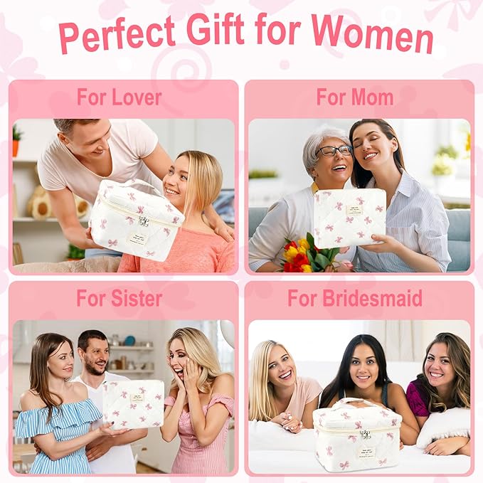 3Pcs Cotton Quilted Makeup Bag for Women Extra Large Coquette Small Floral Travel Cosmetic Bag Set Aesthetic Cute Bow Makeup Pouch Portable Toiletry Bag Puffy Essential Storage Organizer