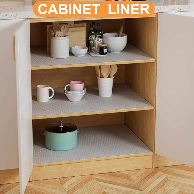 Shelf Liner 24 inch-Wide Waterproof Cabinets Liners - Non Adhesive, Easy to Cut Under Sink Mat Liners for Kitchens Drawer, Shelves, 24 X 300 Inch Light Gray