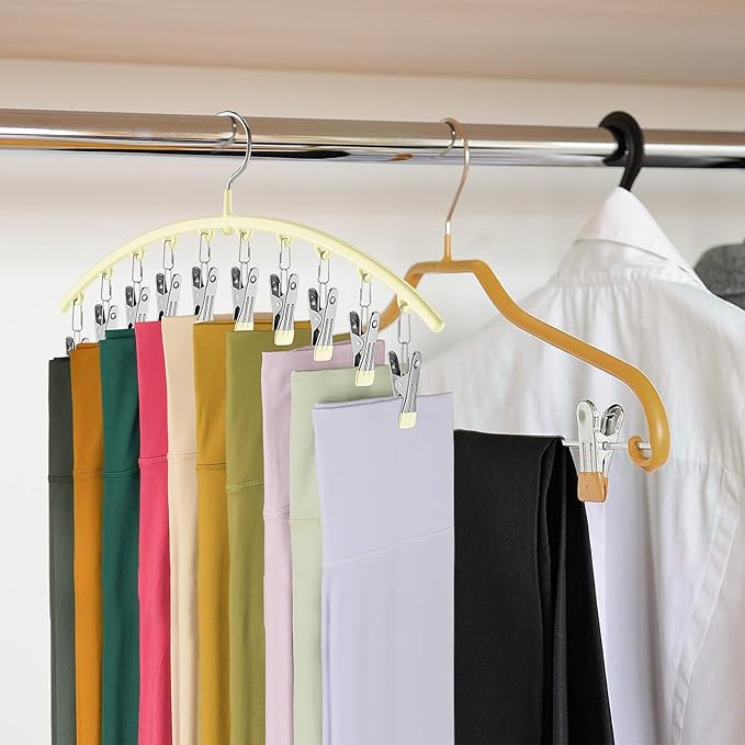 Volnamal Legging Organizer for Closet, Metal Yoga Pants Hangers 2 Pack w/10 Clips Holds 20 Leggings, Space Saving Hanging Closet Organizer w/Rubber Coated Closet Organizers and Storage, Ivory