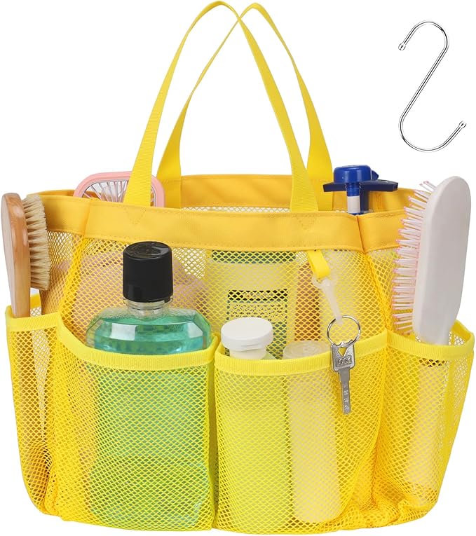 F-color Mesh Shower Caddy Portable, Upgraded Deeper 7-Pocket Shower Bag Basket Tote for College Dorm Room Toiletry Bathroom Essentials Gym Camp Quick Dry with 2 Handles and S Hook, Yellow