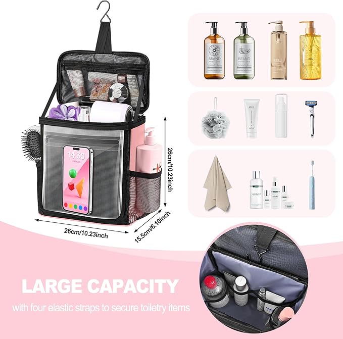 Portable Hanging Shower Caddy, Large Capacity Travel Toiletry Bag for Men & Women, Bath Organizer with Hook & Waterproof Phone Compartment, for Gym, Travel, Dorm, Picnic, Bathroom(Pink)